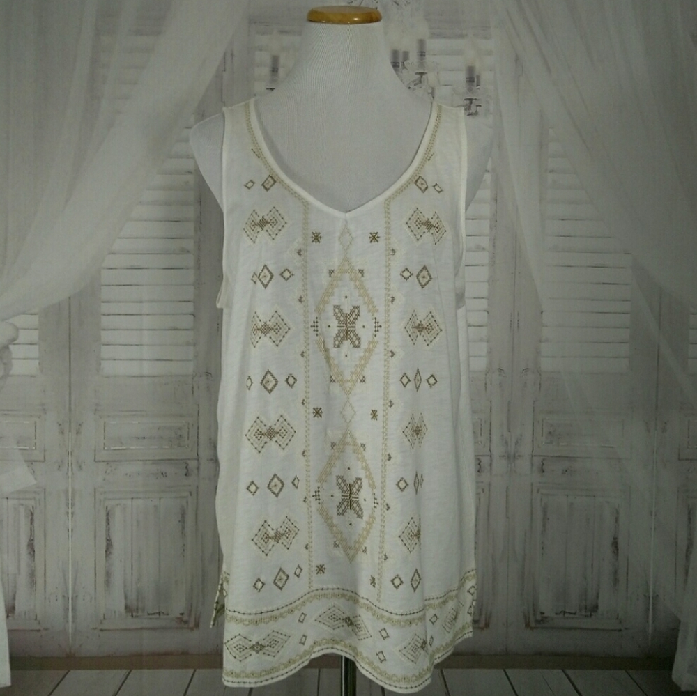 J.JILL Embroidered Sleeveless Top Aztec White Brown Split Neck Cotton Top Large - Picture 7 of 9